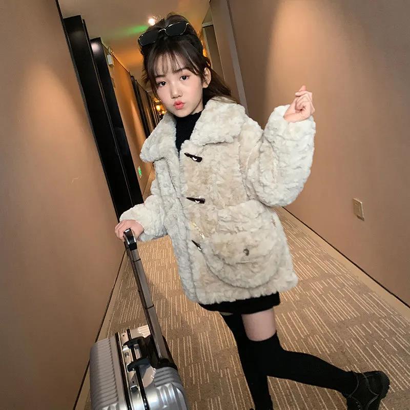 Girls Lamb Wool Coat Autumn and Winter Clothes Korean Version of Fur One Fashionable Foreign Children's Clothes Plus Cashmere Tide
