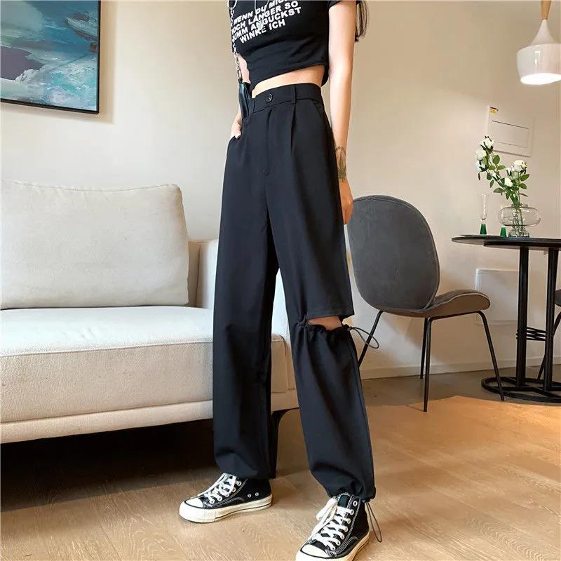 Street-fried Overalls and Black High-waist Trendy Ripped Pants Women Loose and Thin All-match Straight Wide-leg Casual Pants