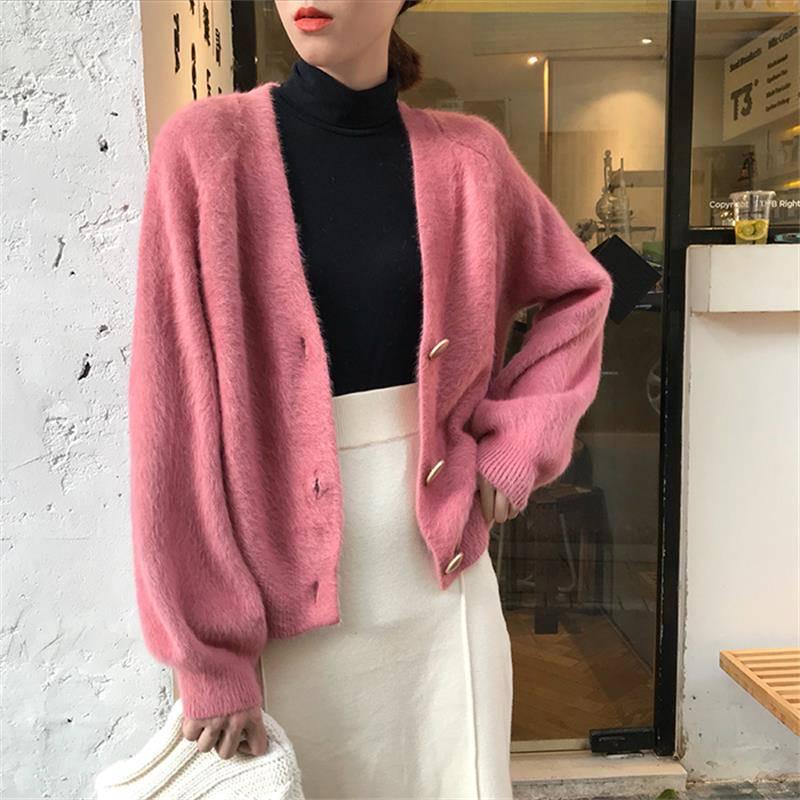 6 Colors Women Faux Mink Cashmere Lazy Loose Sweater Knitted V-neck Cardigan Button Coat