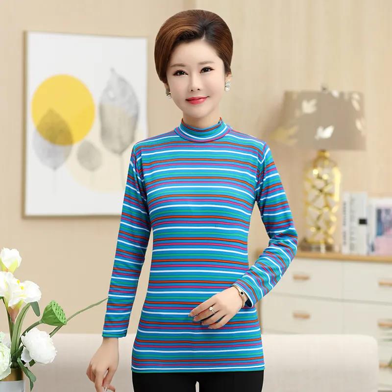 Mom Spring and Autumn Long Sleeve T-Shirt Striped Top Short Casual Bottoming Shirt