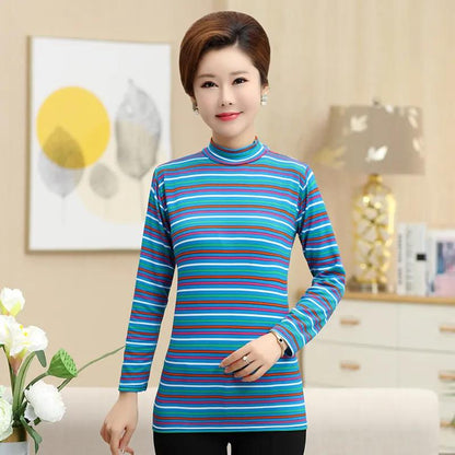 Mom Spring and Autumn Long Sleeve T-Shirt Striped Top Short Casual Bottoming Shirt