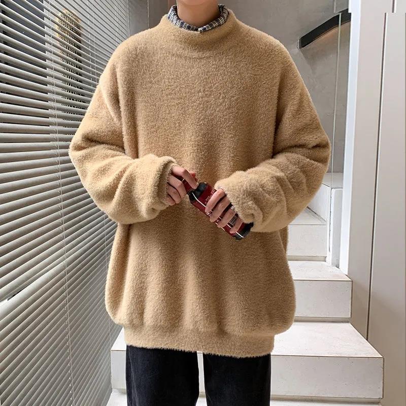 Autumn and Winter Men's Plus Velvet Thick Sweater Loose Half High Neck Trend Wild Warm Top