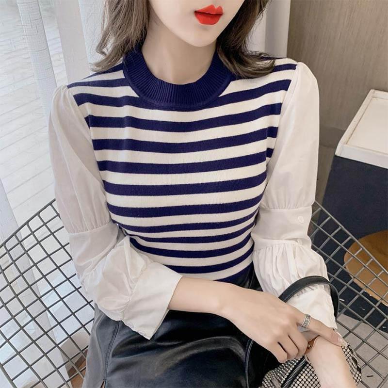 Striped Color-blocking Shirts Knitwear Women's Tops Western-style Sweet Bottoming Shirts