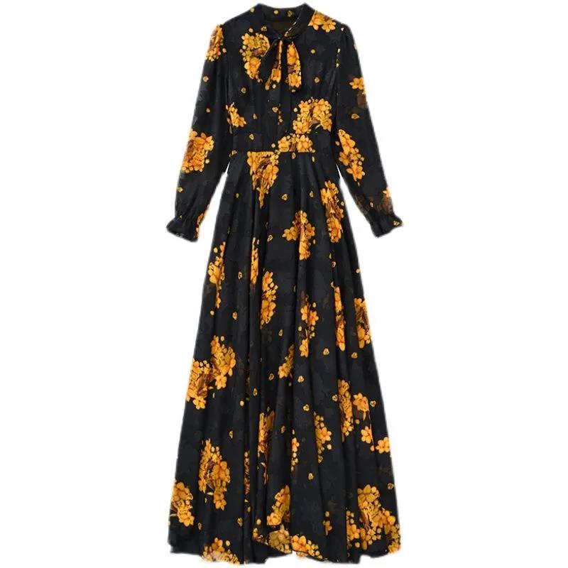 Chiffon Jacquard Long-sleeved Dress Spring and Autumn Models Waist Beach Big Swing Bow Long Skirt Women's French Retro Long Skirt Temperament