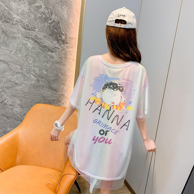 Summer Dress Women Loose O-Neck Short Sleeve Casual Above Knee T-shirt Dress  Round Neck Mesh