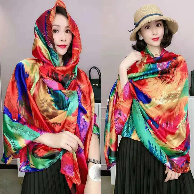 All-match Scarf Feather Multicolored Printing Silky Soft and Graceful Long Scarf Shawl Female Beach Cover Towel Big Scarf