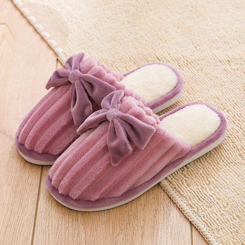 Autumn and Winter Pure Cotton Slippers with Bow Design, Fashionable Flat-bottomed Cotton Shoes, Indoor Casual Shoes