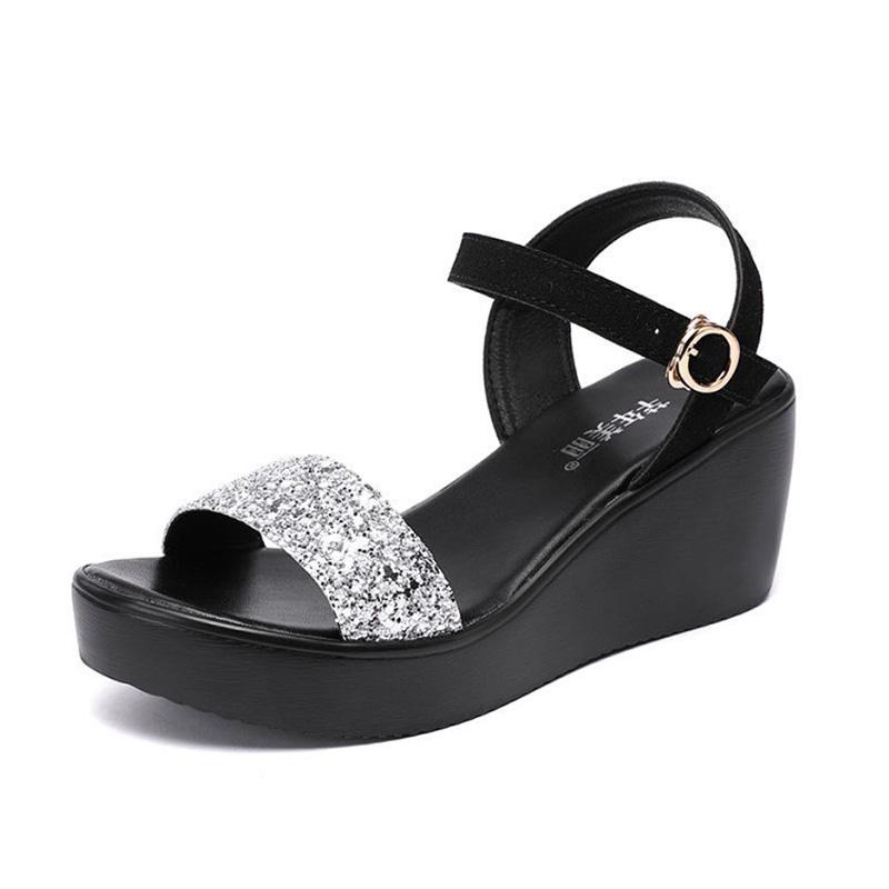 One Word Buckle Wedge Heel Sandals Women's Waterproof Platform Casual Work All-match Fashion Sandals