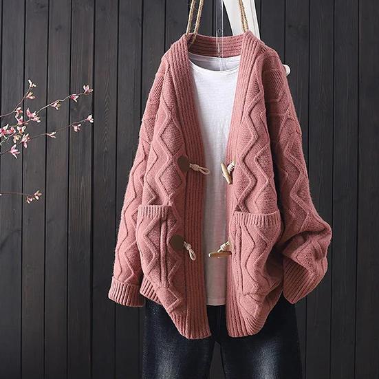 Women's Winter Sweater Female Autumn Large Size Loose Horn Button Versatile Thickened Knitted Cardigan