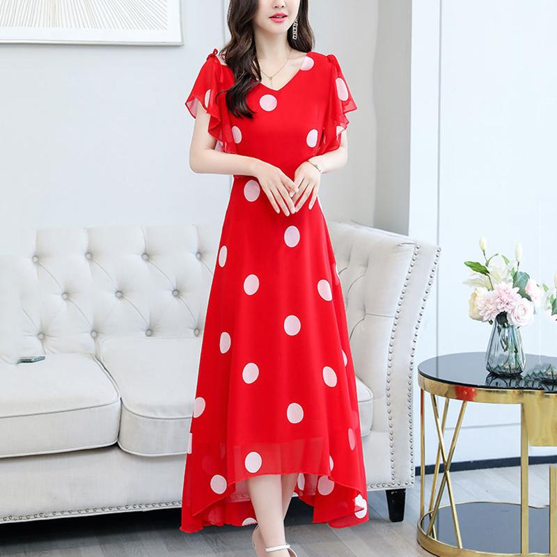 Women's Short Batwing Sleeve Ruffle Polka Dot Chiffon Dress  V-Neck Calf Length Daily Dating Party Office Wear