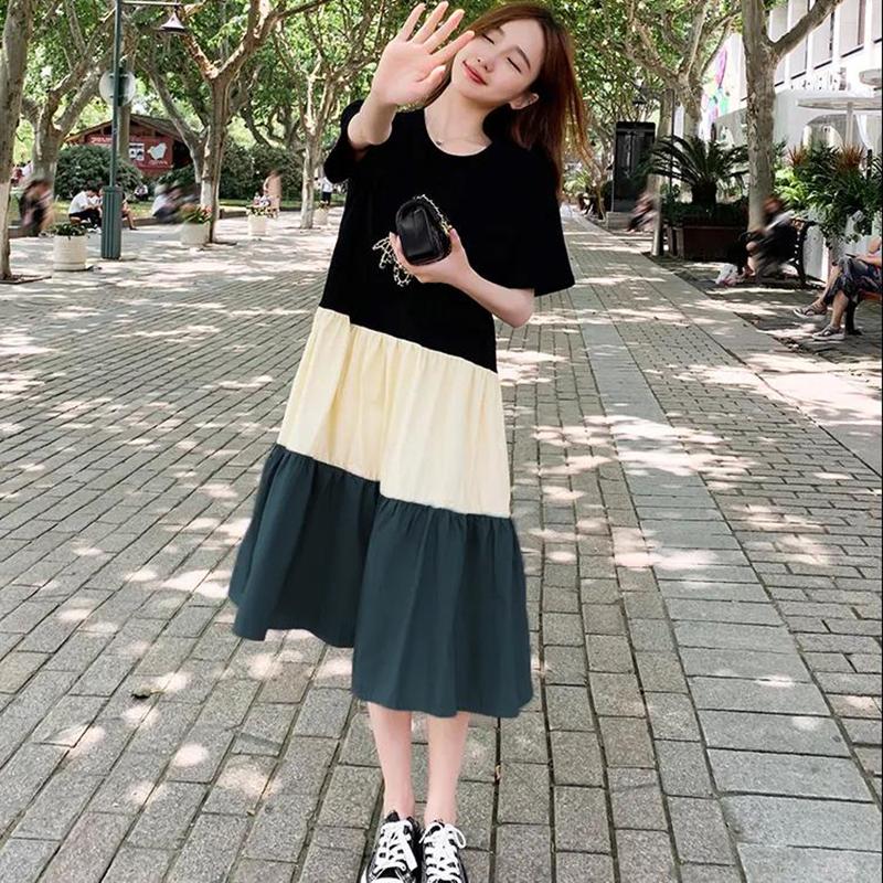 Dress Stitching Contrast Color Skirt Women's Loose Dress Round Neck Short-sleeved Large Skirt Casual Dress Fabric Light and Breathable Sweat-absorbent