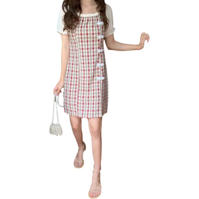 Cheongsam Modified Slim Dress Simple and Elegant Plate Button Split Lattice Bubble Sleeve Dress