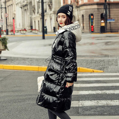 Winter Down Jacket Shiny Korean Version of White Duck Down Thick Loose Mid-length Waist Slimming Hooded Fashion Jacket