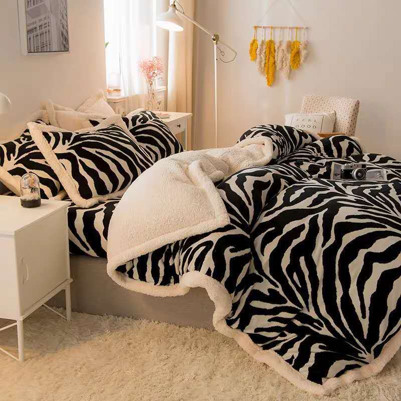 Household Milk Cashmere Lamb Cashmere Four-piece Coral Cashmere Bed Sheet Duvet Cover Winter Super Thick 4kg Double-sided Warm Flannel Bedding