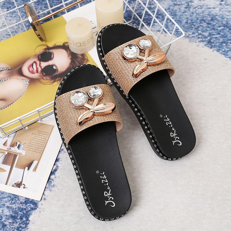 Summer Fashion Women Pearl Slippers Leisure Beach Anti-slip Footwear Simple Flat Shoes