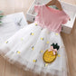 Girls Dress Summer Sweet Splicing Mesh Pineapple Skirt Kids Short Sleeve Vest Princess Dress Puff Skirt