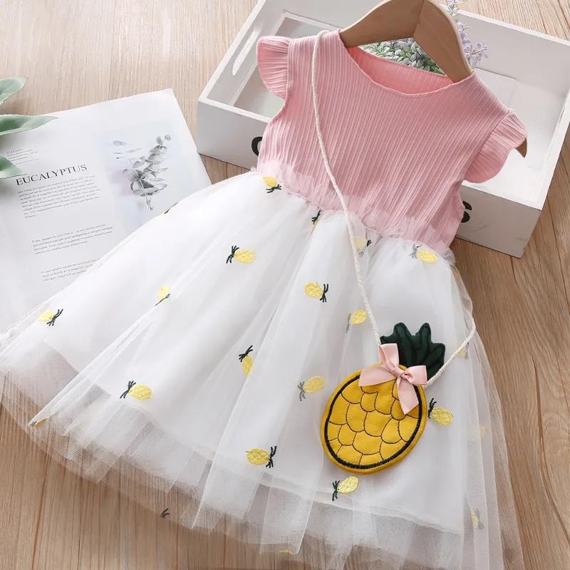 Girls Dress Summer Sweet Splicing Mesh Pineapple Skirt Kids Short Sleeve Vest Princess Dress Puff Skirt