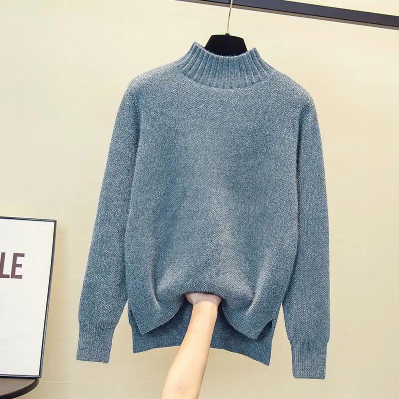 Half Turtleneck Imitation Mink Fleece Thickened Sweater Women's Korean Style Loose Pullover Knitted Bottoming Shirt