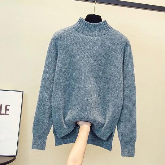 Half Turtleneck Imitation Mink Fleece Thickened Sweater Women's Korean Style Loose Pullover Knitted Bottoming Shirt
