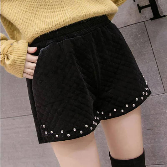 Loose Plus Size Women's Fat Mm Thin Gold Velvet Wide-leg Shorts Outer Boots Pants Women's Bead Rivet Shorts