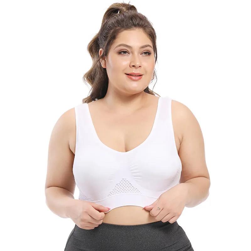 Women's Plus Size Seamless Bra with Pads Solid Color Breathable Bra Hollow Out Sports Yoga No Wire Gathering Vest Bra