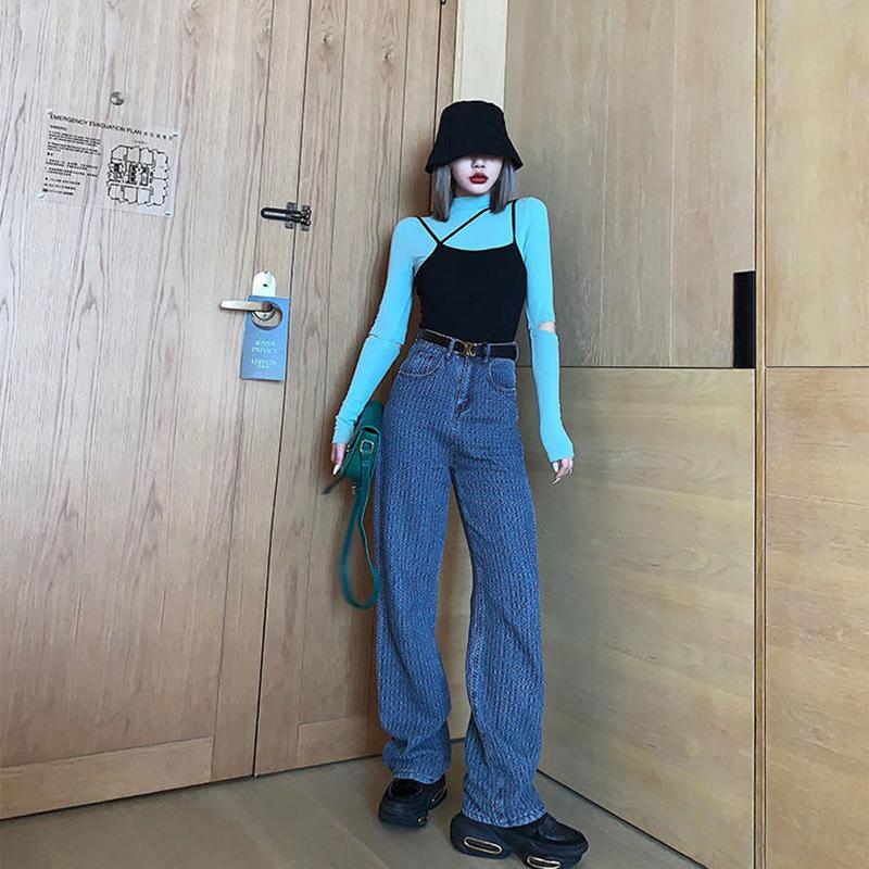 Spring  Autumn Plus Size Loose Woven Denim Wide-leg Trousers   Straight Thin High-waist Casual Mopping Pants Women
