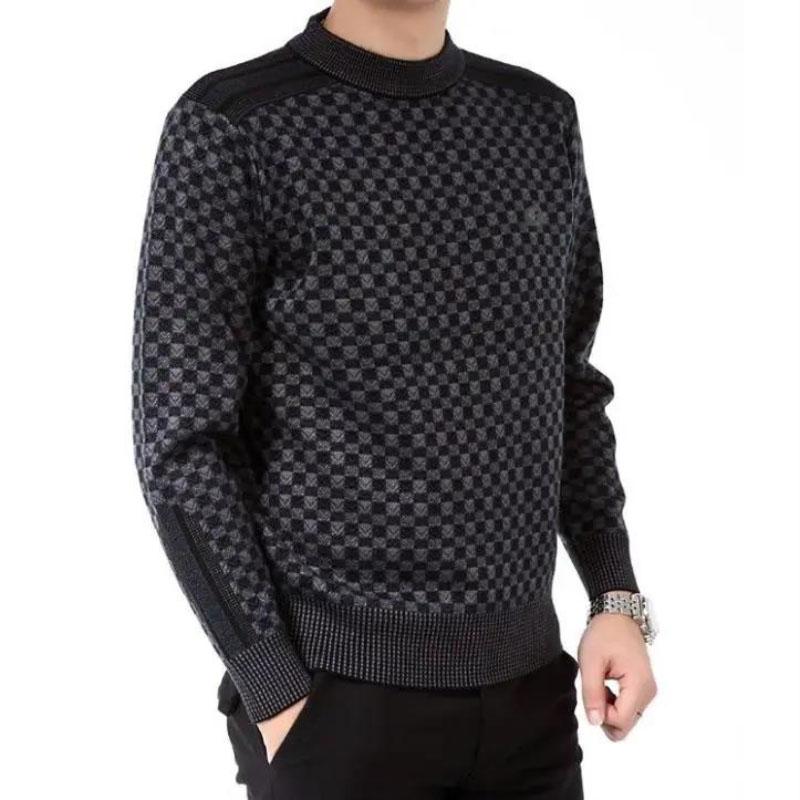 Men's Winter Warm Thick Sweater Round Neck Pullover Plaid Sweater