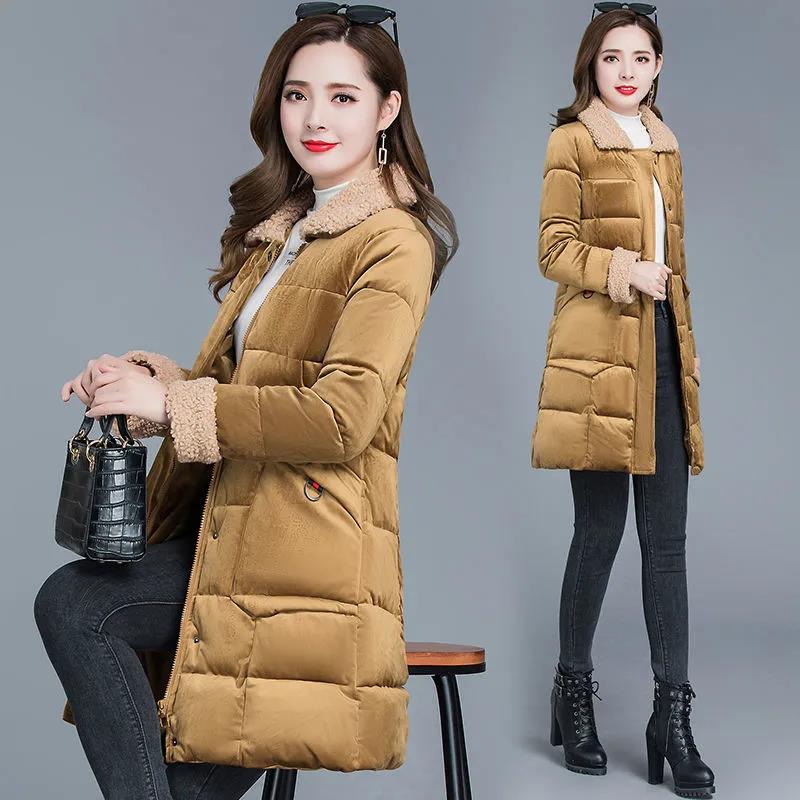 Women's Winter Korean Loose Quilted Coat Warm Padded Stand-collar Down Jacket Women's Solid Color Regular Down Jacket with Fur Collar