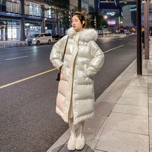 Long Padded Coat Women's Winter Loose White Bright Thickened Down Padded Coat