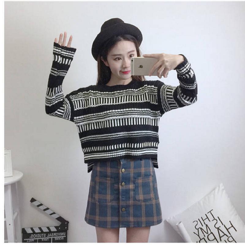 Pofulove Women's Long Sleeve Winter College Style Wild Loose Top Color Stripe KnitStudent Sweater