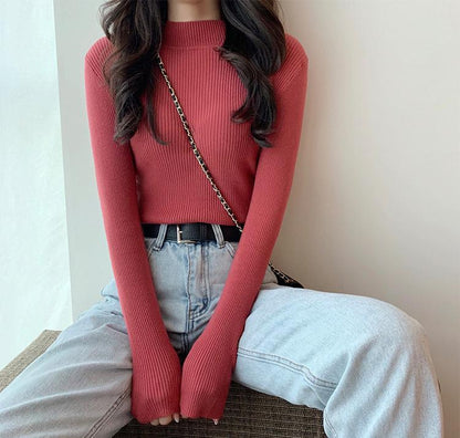 Pure Color Spring and Autumn Ladies Half High Neck Long Sleeve Sweater Bottoming Shirt Slim Half High Neck Sweater