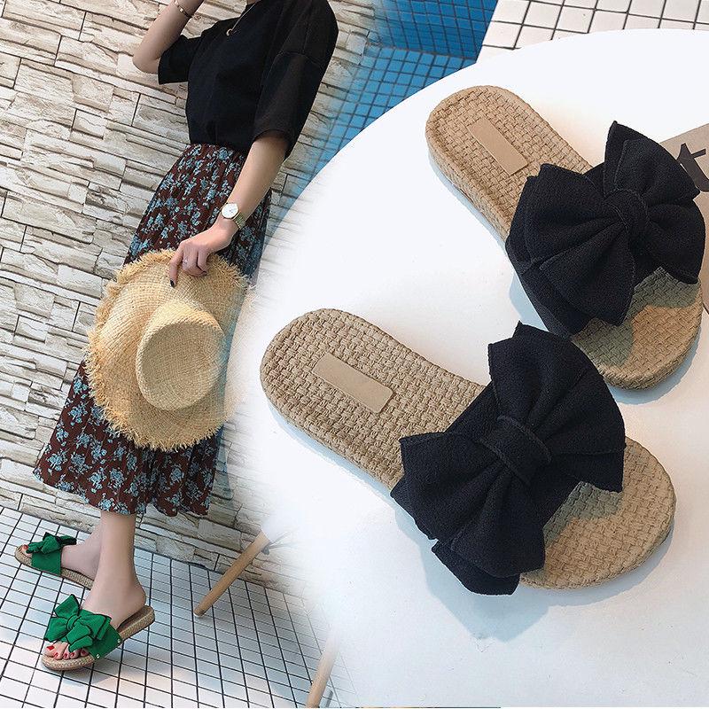 2020 Casual Sneakers for Home Slippers Summer Bow-knot Soft Floor Woman Indoor Flats Shoes Cute Linen Slipper