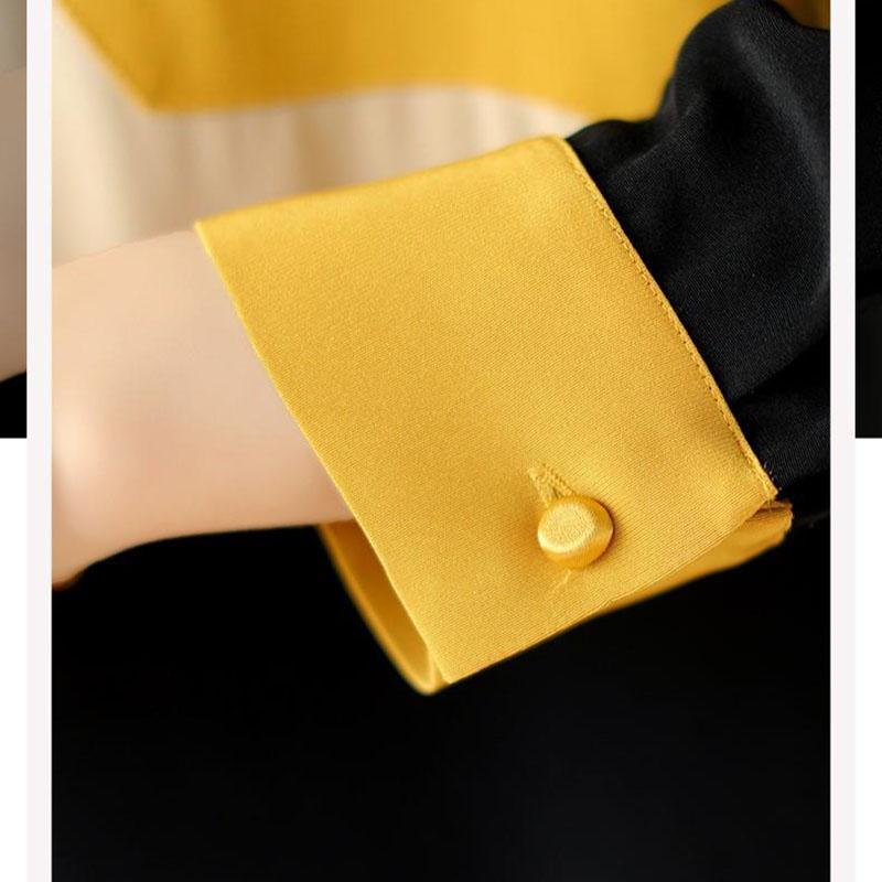 ChiffonTurn-down Collar 3/4 Sleeved Dress Spring and Autumn Large Size Loose Above Knee Length Buttons Color Stitching