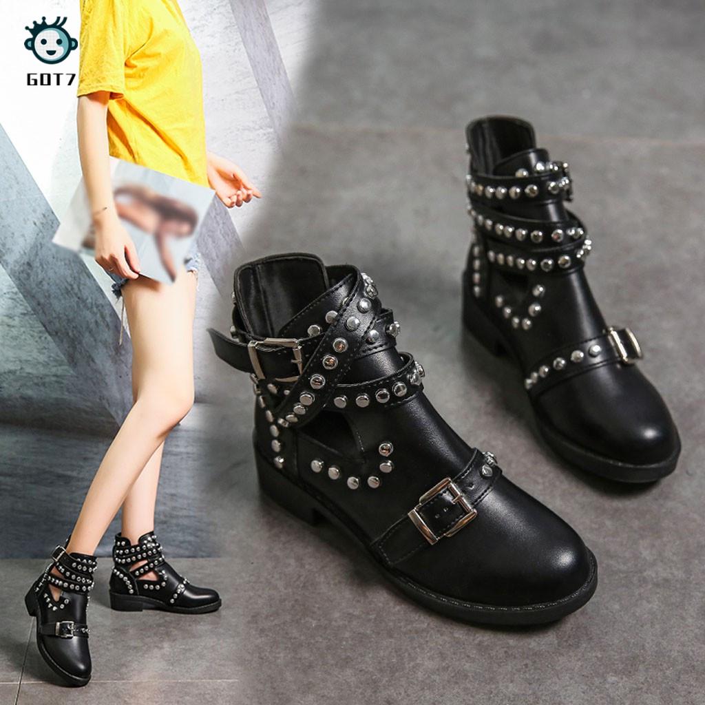 Women Fashion Rivet Belt Buckle Ankle Boot Student Casual Large Size Single Boot