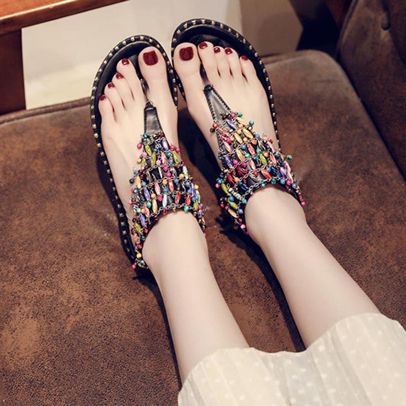 Flip-Flop Sandals Female Rhinestone Fairy Style Flat Student Flip-Flop Roman Bohemia Wild Summer