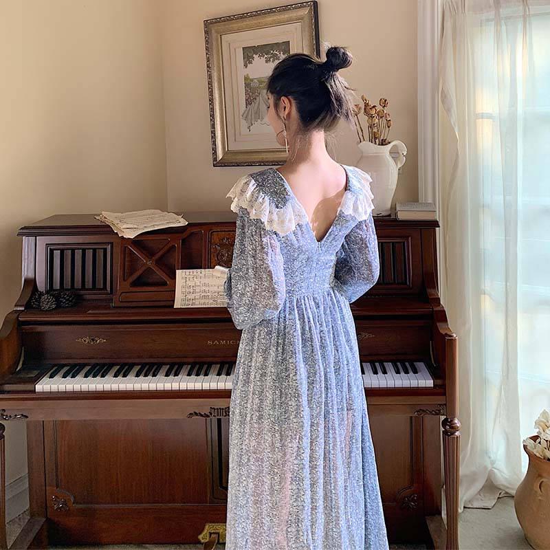 Summer Women Dress for Ladies Long Sleeve Vintage Chiffon Shirt Dress Casual Floral Long Dress