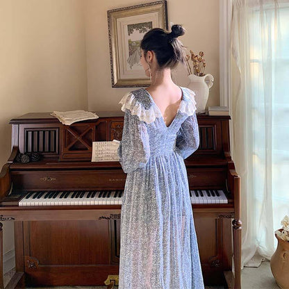 Summer Women Dress for Ladies Long Sleeve Vintage Chiffon Shirt Dress Casual Floral Long Dress