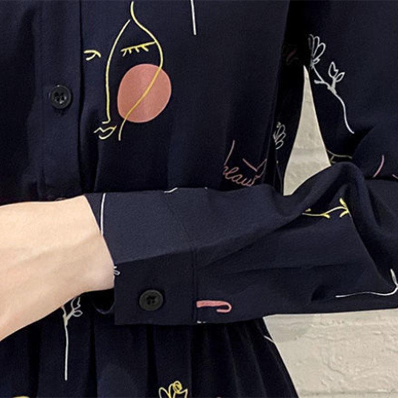 Women's Spring and Autumn Floral Dress Long Sleeve A-Line Stand Collar Mid-length Skirt Shirt Sleeve