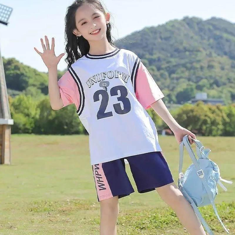 Girls Cotton Printing Comfortable Sweat-absorbing Sports Suit Basketball Suit Summer Children's Short-sleeved Shorts Breathable Clothes Two-piece Set