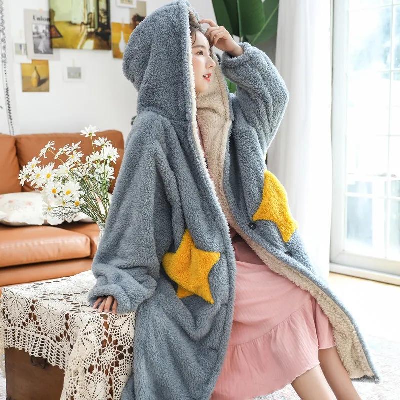 Women's Winter Long Hooded Nightdress Coral Velvet Nightgown Large Size Bathrobe Star Plus Velvet Thickening Home Wear Ladies Pajamas