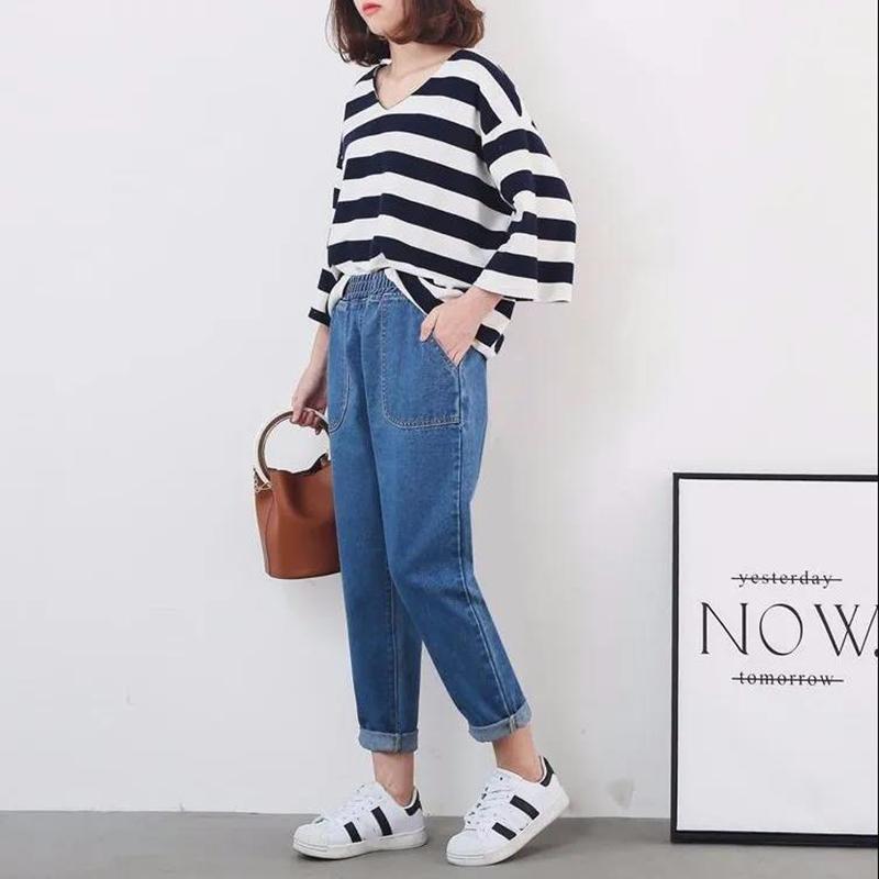 WTEMPO Spring and Summer Women's Trousers Loose Blue Large Size M-XXXXXL Elastic High-waisted Jeans Women's Loose Student Harem Pants