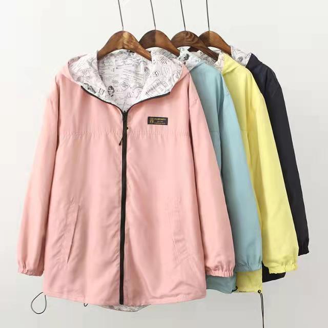 Prettylan Women Jacket Coat Pocket Zipper Hooded Two Side Wear Cartoon Print Outwear