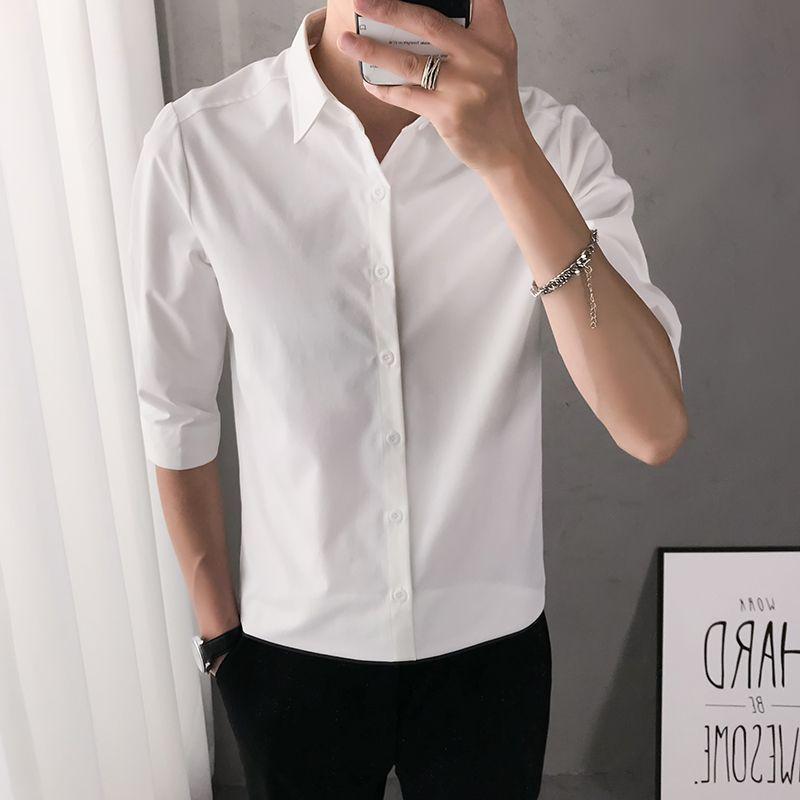 Summer Men's Short-sleeved Shirt Five-point Sleeve Trend Casual Handsome Men's Shirt White Work Slim Shirt