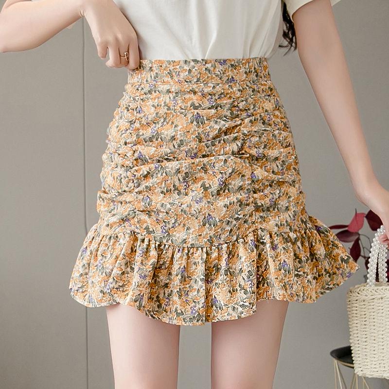 Women Skirts Floral Printed A-line Mini Skirts Ruffles Pleated Skirts Beach Holidays Casual Skirts