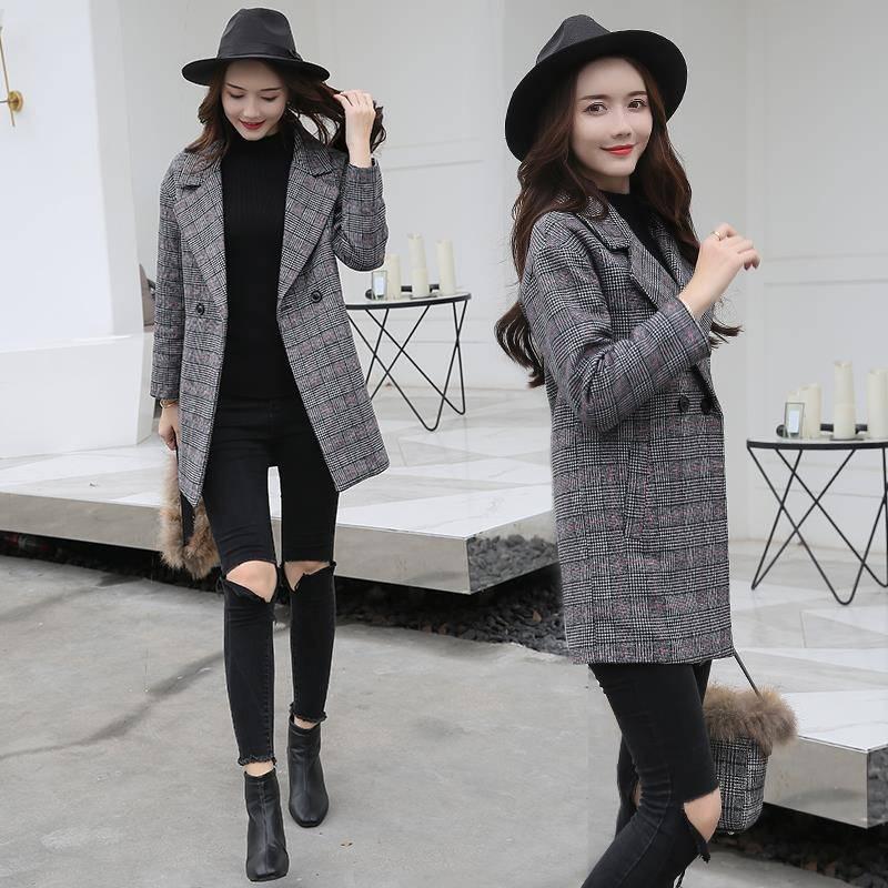 Women Outerwear Winter Clothing Fashion Warm Woolen Blends Female Plaid Double Breasted Woolen Coat