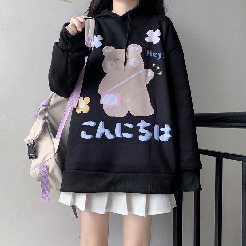 Anime Sweatshirt Japan Cartoon Hooded Tops Oversized Streetwear Harajuku White Long Pullovers Hoodies Plus Size Loose Thick Fleece Fall Winter Hoodies