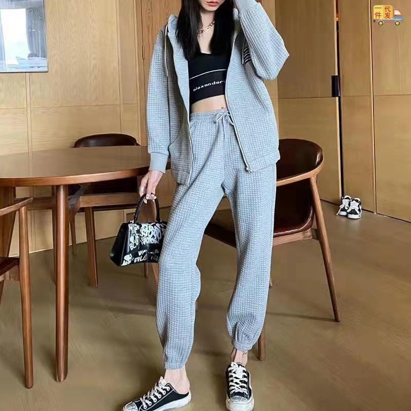 Waffle Hooded Jacket + Leggings Pants Two-piece Sports Leisure Spring and Autumn Thin Sweater Suit Cardigans for Women Girls Athletic Clothing
