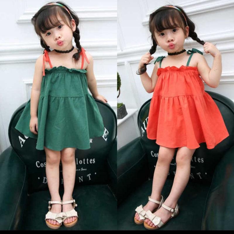 Children Dress Girls Summer Thin Sling Dress Plaid Sleeveless Solid Color Princess Dress A-line Ruffle Dress