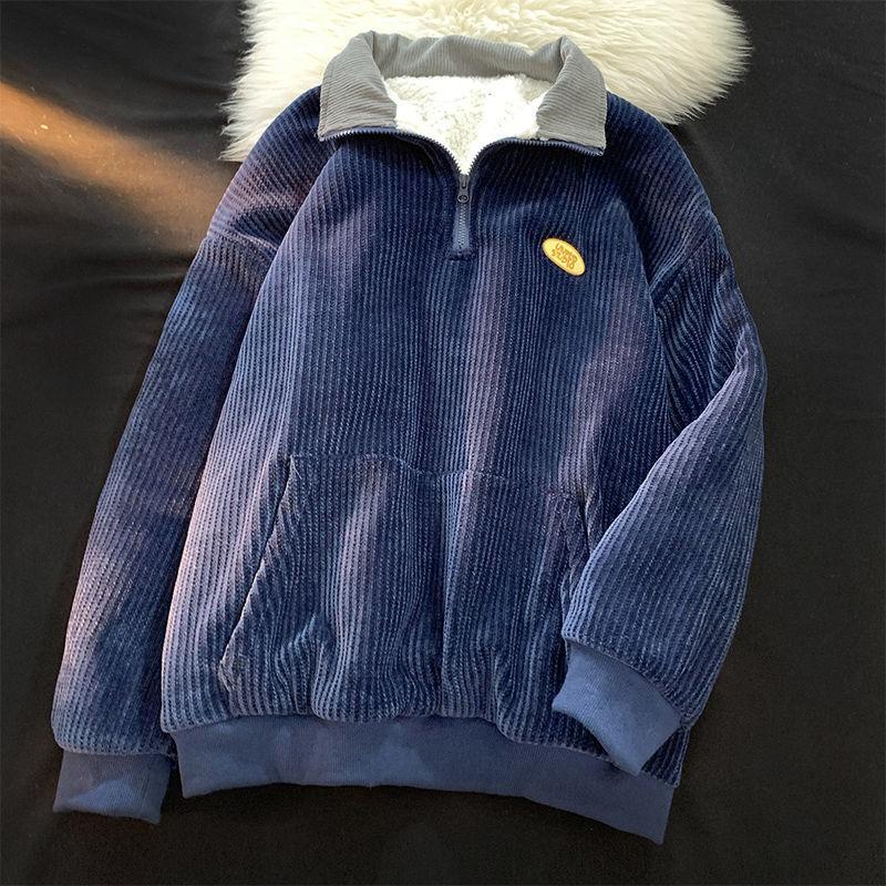 Lamb Velvet Half Zipper Polo Collar Sweater Women's Autumn and Winter Plus Velvet Thick Outer Wear Loose Warm Warm Jacket Top
