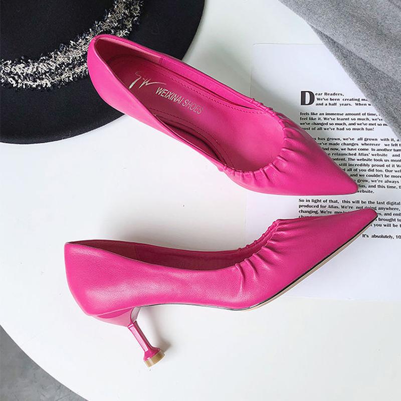 High Heels Women European Stiletto Mid-heel Pointed Toe Fashion High Heels Working Leather Shoes Women